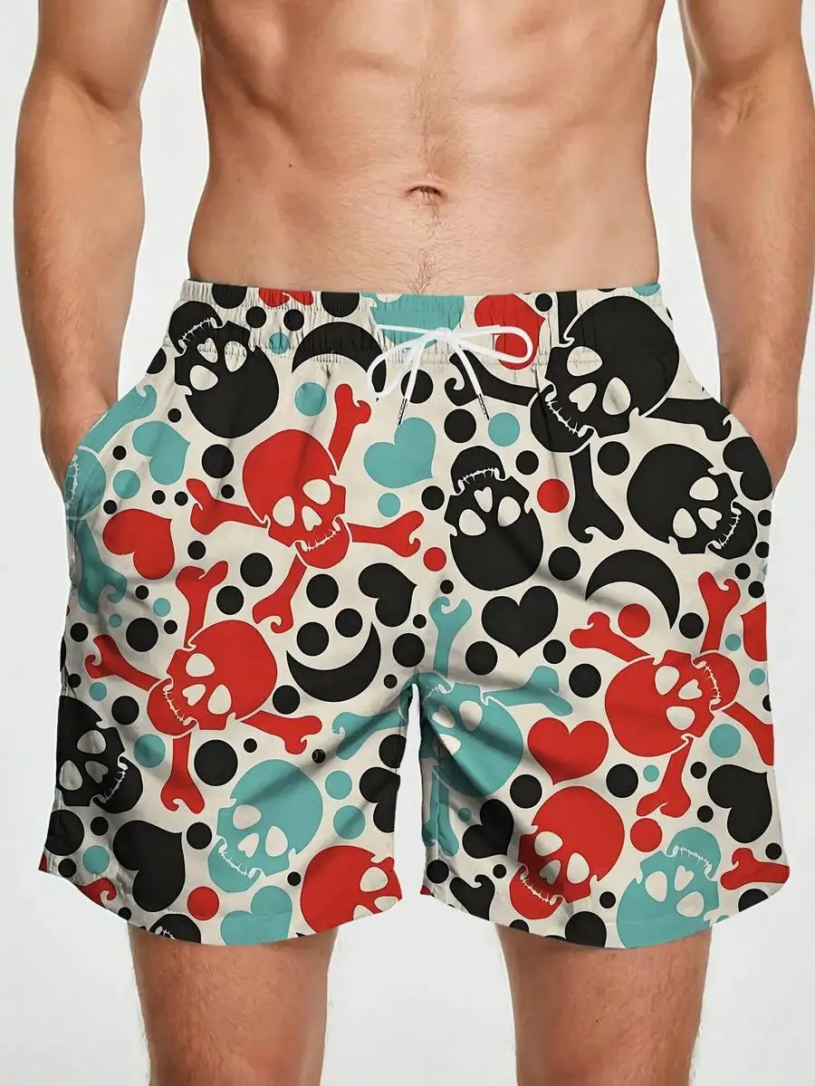 

Mens 3D Printed Skull And Heart Beach Shorts Quick Dry Swim Trunks