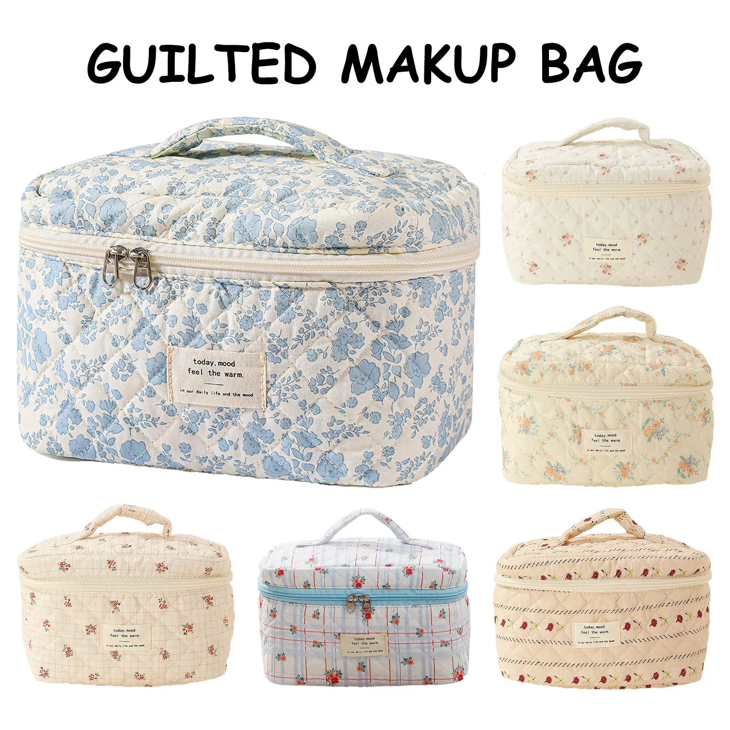 Large Travel Quilted Makeup Bag for Women Floral Cotton Cosmetic Bag Coquette Aesthetic Floral Toiletry Organizer Bag