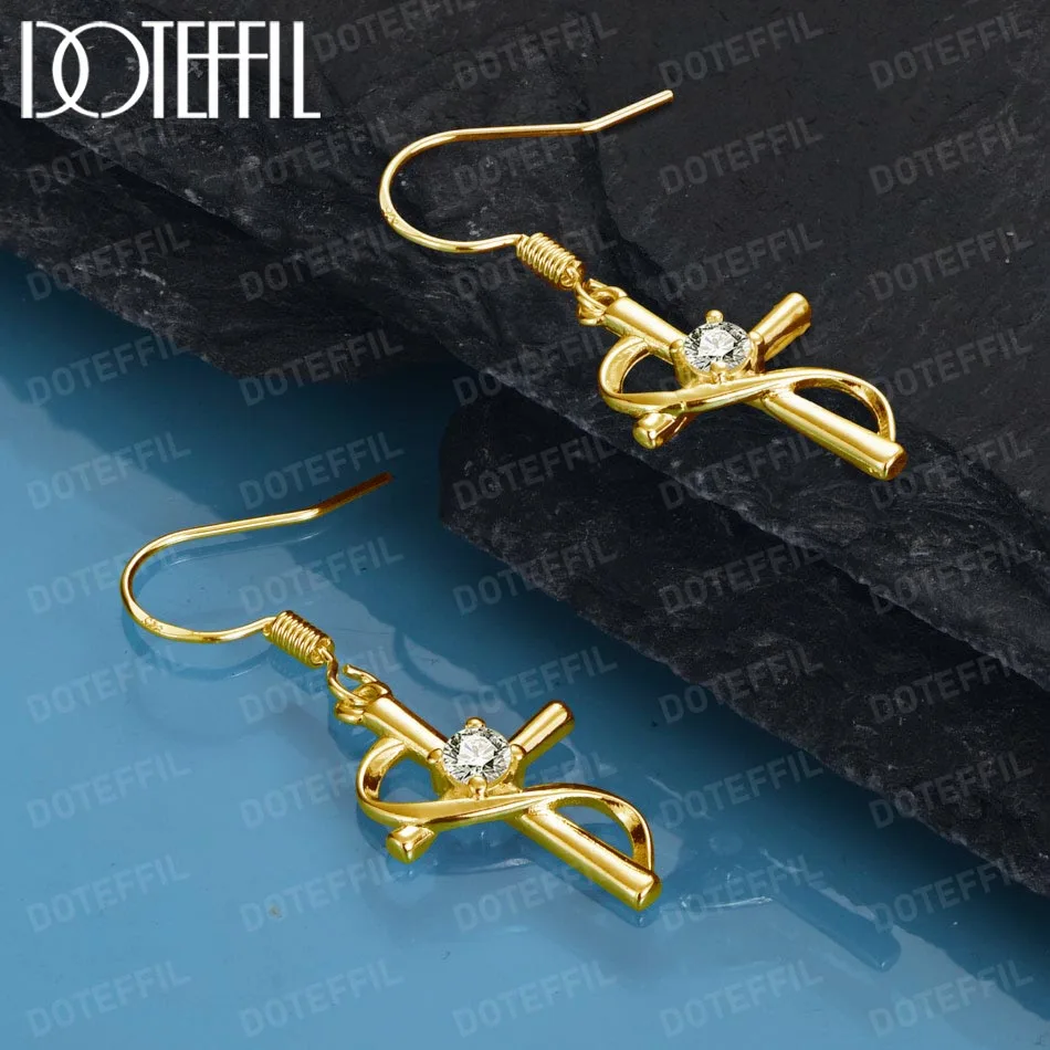 DOTEFFIL 18K Gold Cross AAA Zircon Drop Earrings For Women Best Gift Wedding Engagement Jewelry - Image 2