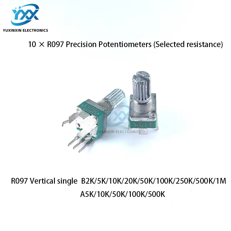 10PCS Vertical single R097 RK097 precision potentiometer with bracket, handle 15mm, no gear, 3 feet A/B10K 2K 5K100K+ Nut Washer