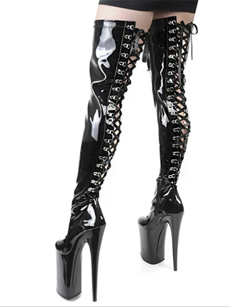 Over The Knee Boots Round Toe 20cm Crossdres Lace Up Stripper Heels Gothic Platform Thin Heels Exotic Strip Pole Dance Nightclub