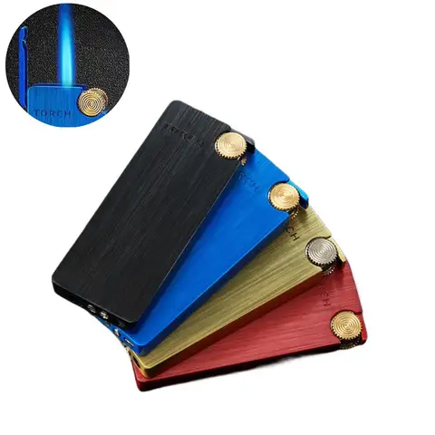 Metal Ultra-thin Portable Butane Grinding Wheel Flint Lighters Windproof Jet Blue Flame Torch Lighter Smoking Gadgets for Men