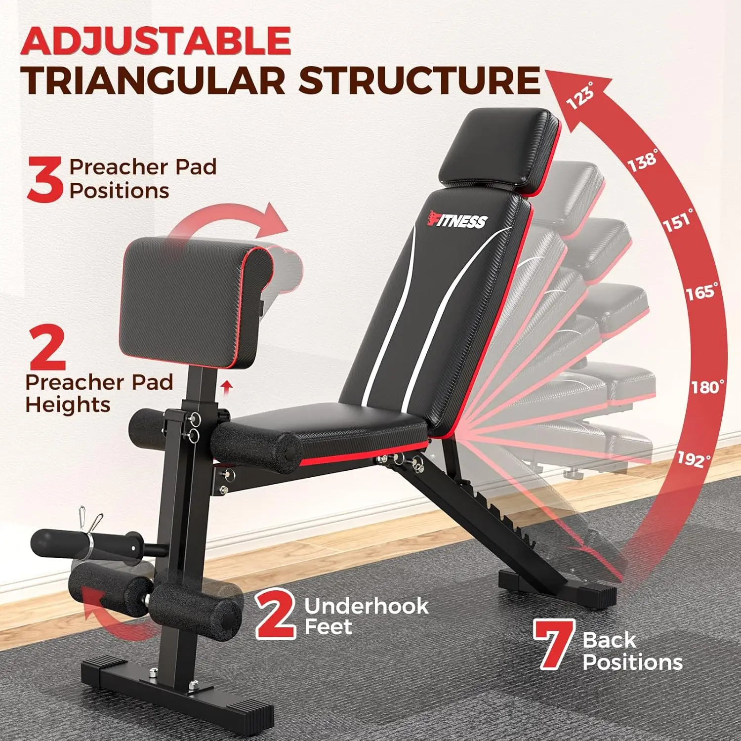 Bench, Workout Bench Press for Home Gym w/Leg Extension, Preacher Pad & Extended Headrest, Foldable Flat Incline Decline Sit-up