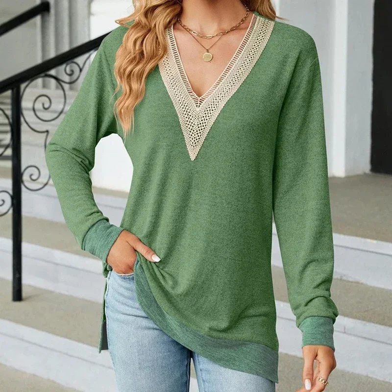 

2023 V-Neck Casual Tshirts Autumn Hollow Lace for Women Fashion Winter T-shirt Loose Sleeve Woman Solid Pullover Tees Tops 29542