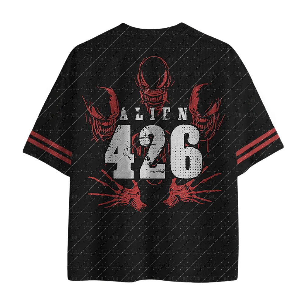 Retro Sci-Fi Monster Poster Graphic Mesh Short Sleeve Jersey Number 426 Small Creature Decor Unisex Dark Street Top