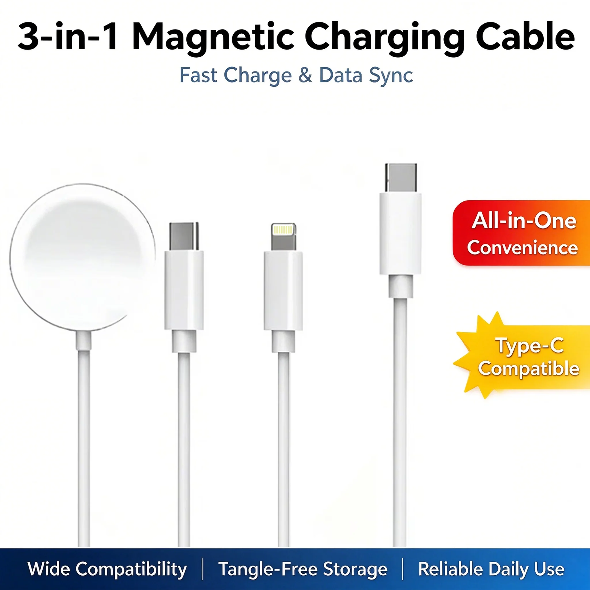 1Pieces Type-C Interface Three-in-One Multifunctional Power Charging Cable, Integrated Magnetic Charging Pad For iPhone 18 17 16
