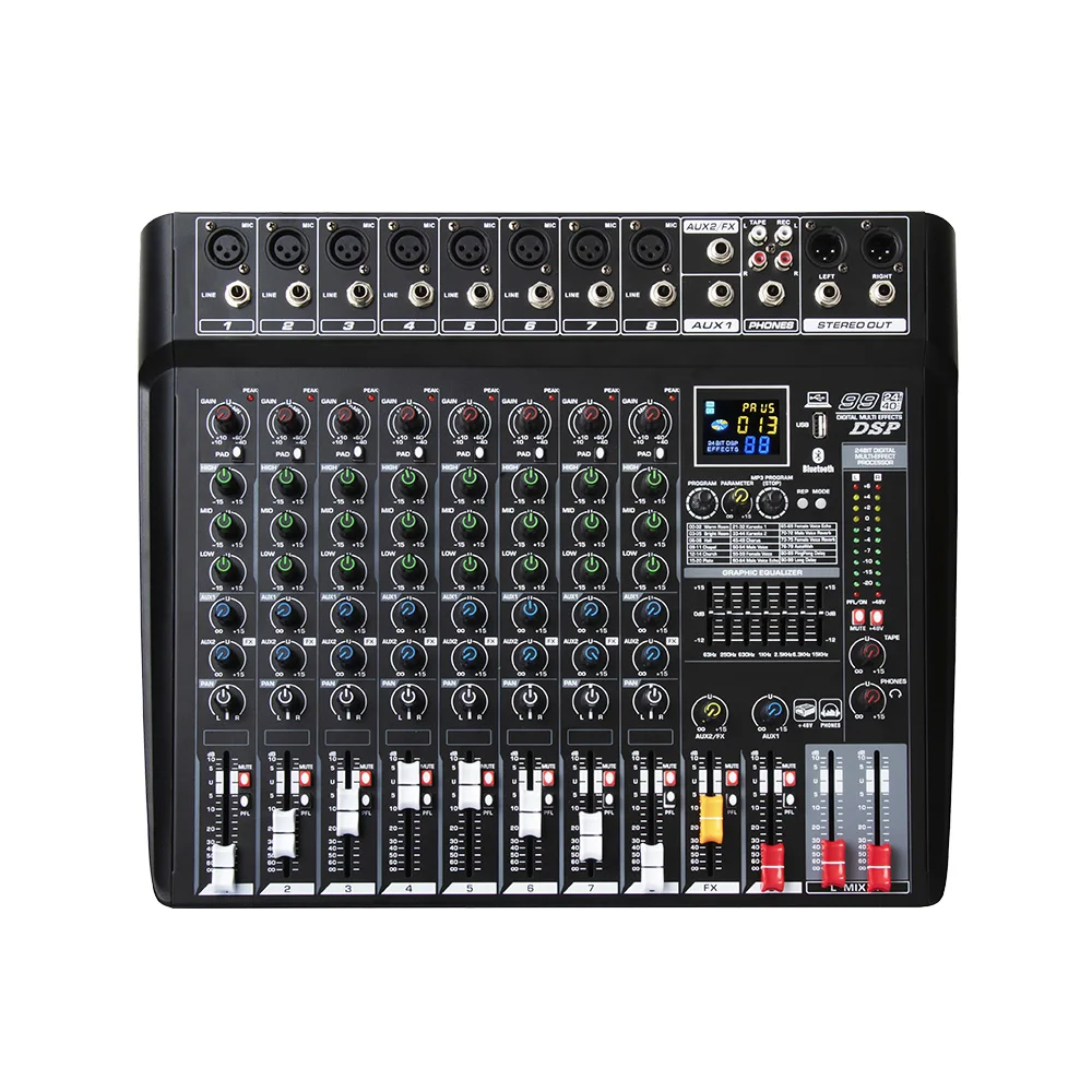전문 8 채널 오디오 믹서 콘솔 99 DSP 블루투스 USB 컴퓨터 입력 48v 전원 공급 장치 번호 라이브 무대 성능