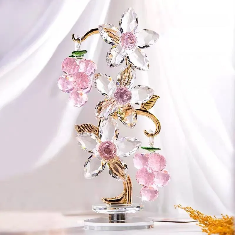 Pink Crystal Grape Tree With Flowers Figurine Collectible With Rotating Base Glass Flower Tree Ornament For Wedding