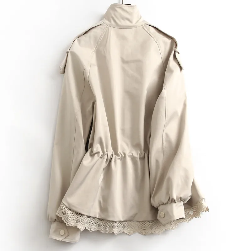 Women's Solid Color Lace Trim Stand Collar Jacket 2026 Spring New Arrival Petite Short Drawstring Waist Casual Trench Coat