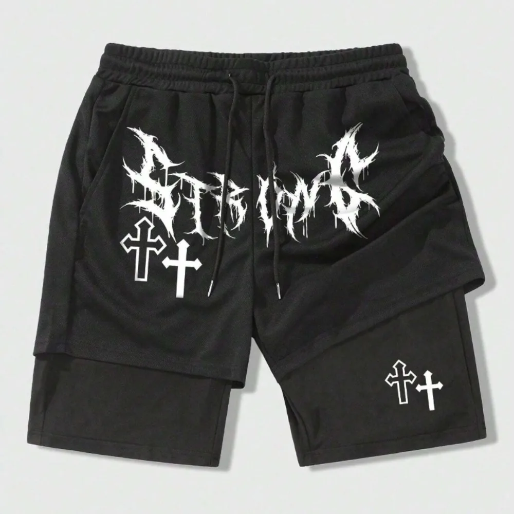 

Men's Gothic Print 2-in-1 Crossover Shorts Four Seasons Sports Fitness Running Shorts Streetwear shorts for men