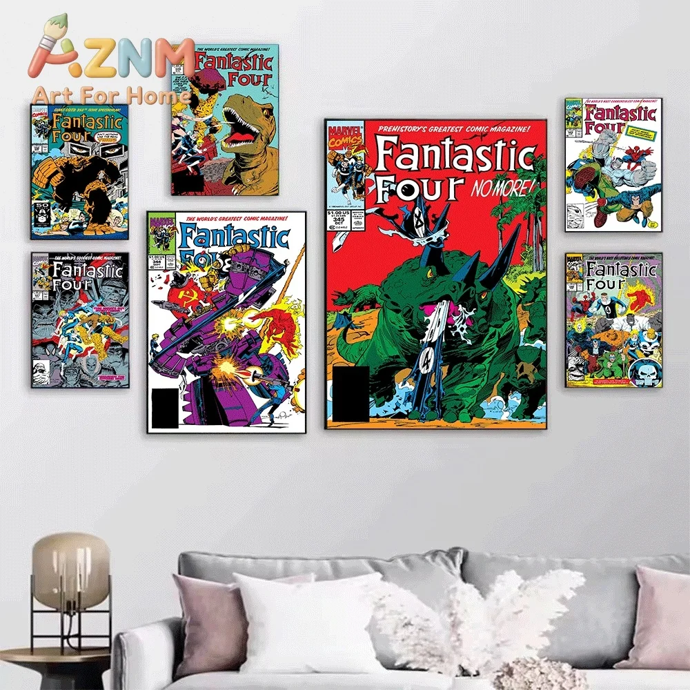 AZNM Fantastic Four This Is The Biggest One Vintage Comic Collage Canvas Wall Art Unframed Print, Superhero Poster for Bedroom