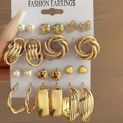 12 Piece Set Women Fashion Personality Versatile Simple Retro Gold Butterfly Love Heart Earrings Inlaid Pearl Earrings