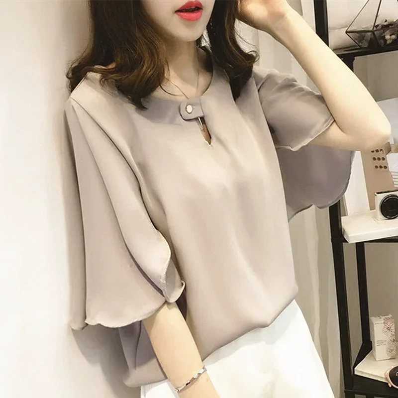 ผู้หญิงฤดูร้อน Tops Tees เซ็กซี่เสื้อวินเทจหลุมชีฟองปุ่ม Ruched เสื้อแขนสั้น Ruffles T เสื้อหลวม Casual Tees