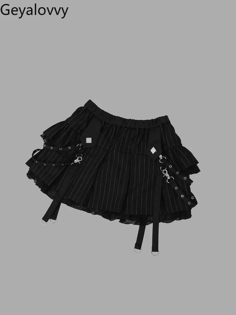 Minigonna versatile gotica giapponese Estate dolce elastico a vita alta bordo in pizzo fibbia in metallo gonne corte stile punk impilate