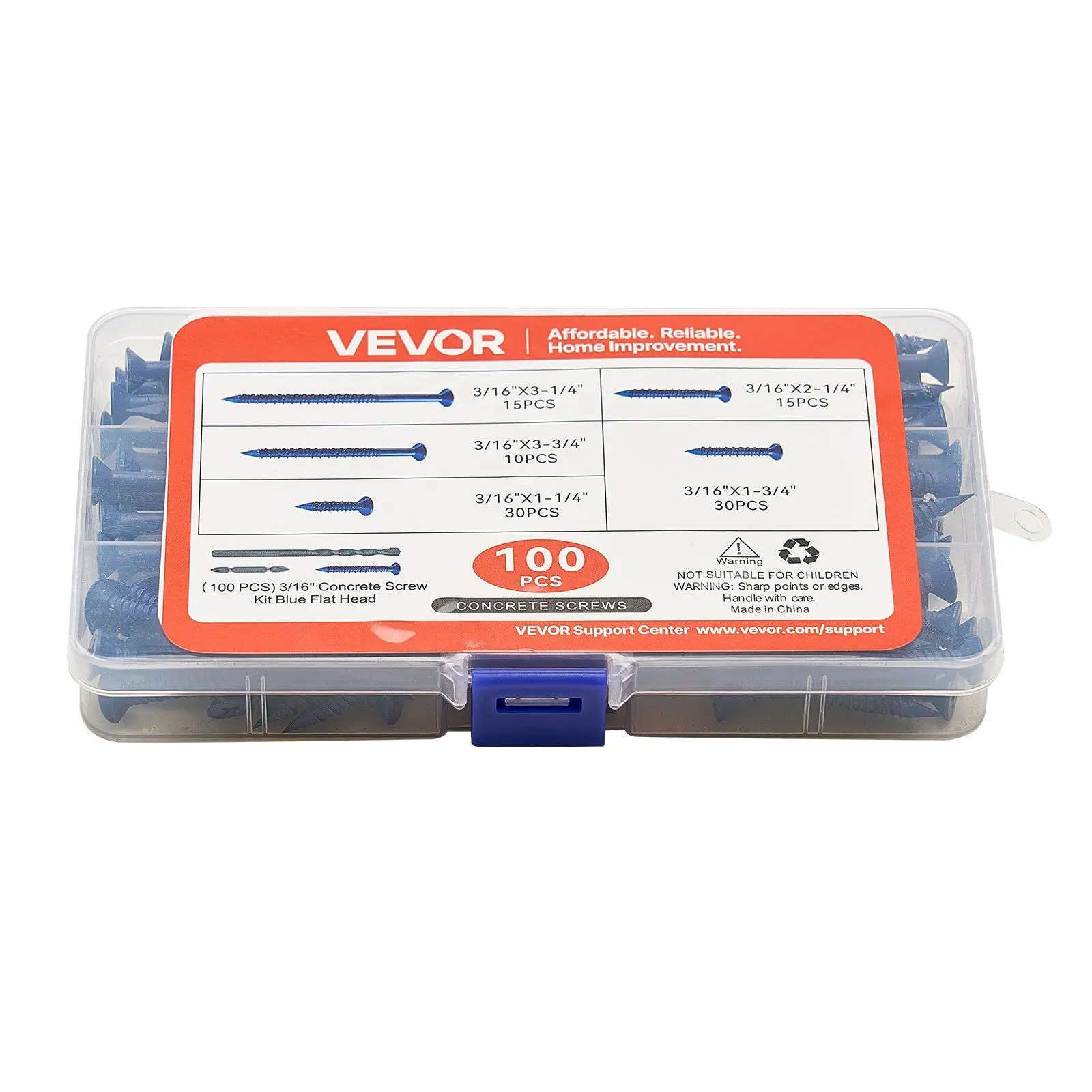 

3/16in Concrete Screws 100Pcs 5 Lengths Phillips Head w/ Drill Bits Carbon Steel Blue Finish