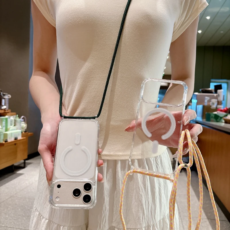 Capa de telefone magstfe magnética, corda longa de acrílico transparente adequada para iphone 17 15 14 13 16 pro max plus