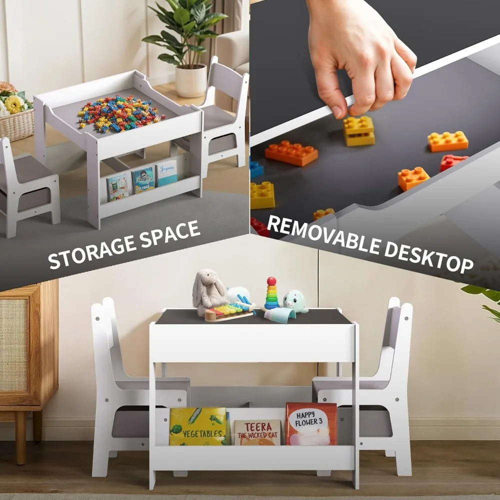 طقم طاولة وكرسي خشبي للأطفال الصغار 4 في 1 للأعمار من 3 إلى 7 سنوات مع مساحة تخزين ومكتب وكرسي متعدد الوظائف للأطفال