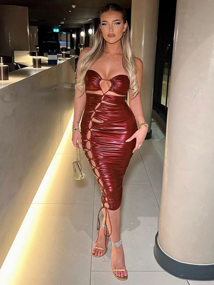 WeiYao-Strpless Lace Up Dress for Women, Sexy Cut Out Evening Dresses, High Waist Skinny Robe, Party Clothing, Y2K