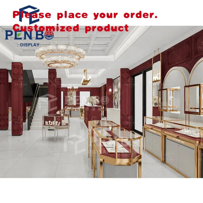 custom.Fashion Jewelry Store 3D Layout Design Commercial Jewellery Display Cabinet Red Jewelry Showcases Glass Display Retail St