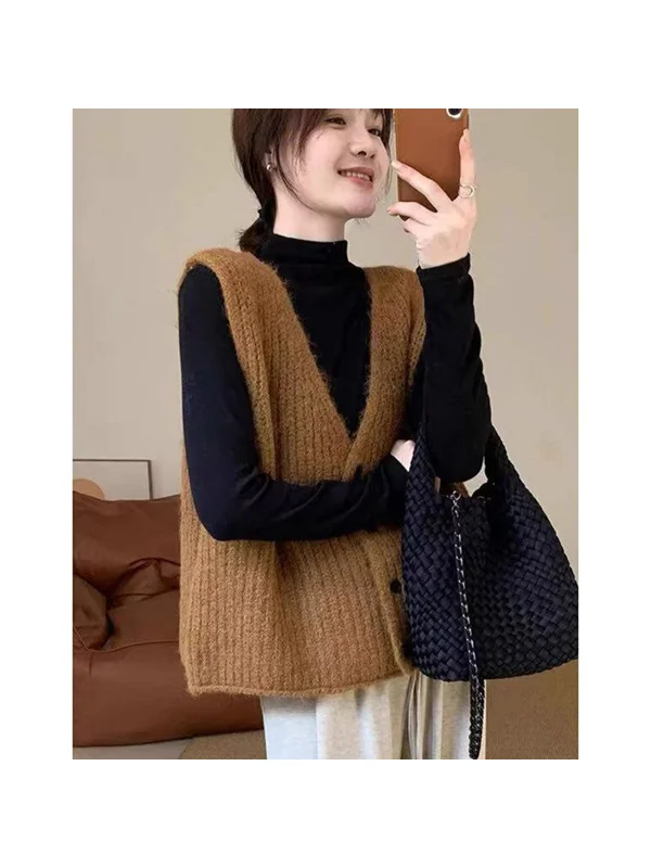 Gray V-Neck Knitted Vest Women's Spring Autumn Outerwear Layering Shoulder Sweater Open Cardigan Top Cleanfit Style Short Length