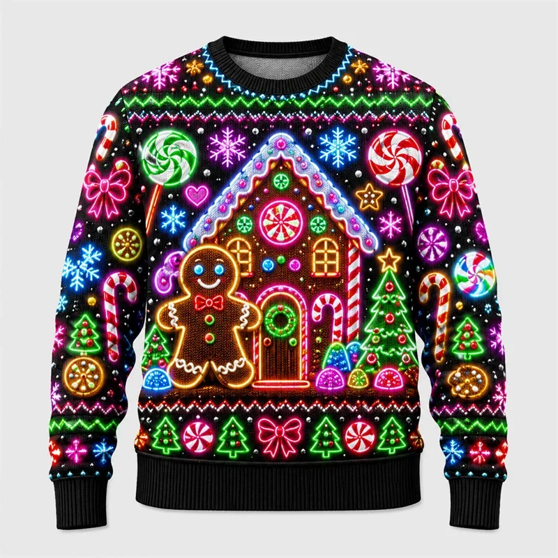 Neon Light Print Ugly Christmas Sweater Unisex Fashion Holiday Long Sleeve Reunion Party Sweatshirts Casual Oversized Pullovers
