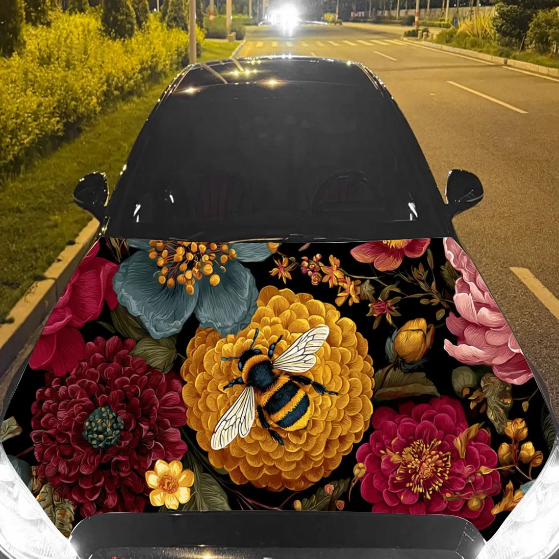 

Elegant Colorful Bee Floral Car Hood Sticker,Waterproof Self-Adhesive Vinyl Graphics Decals,Decorative Auto Accessories Stickers