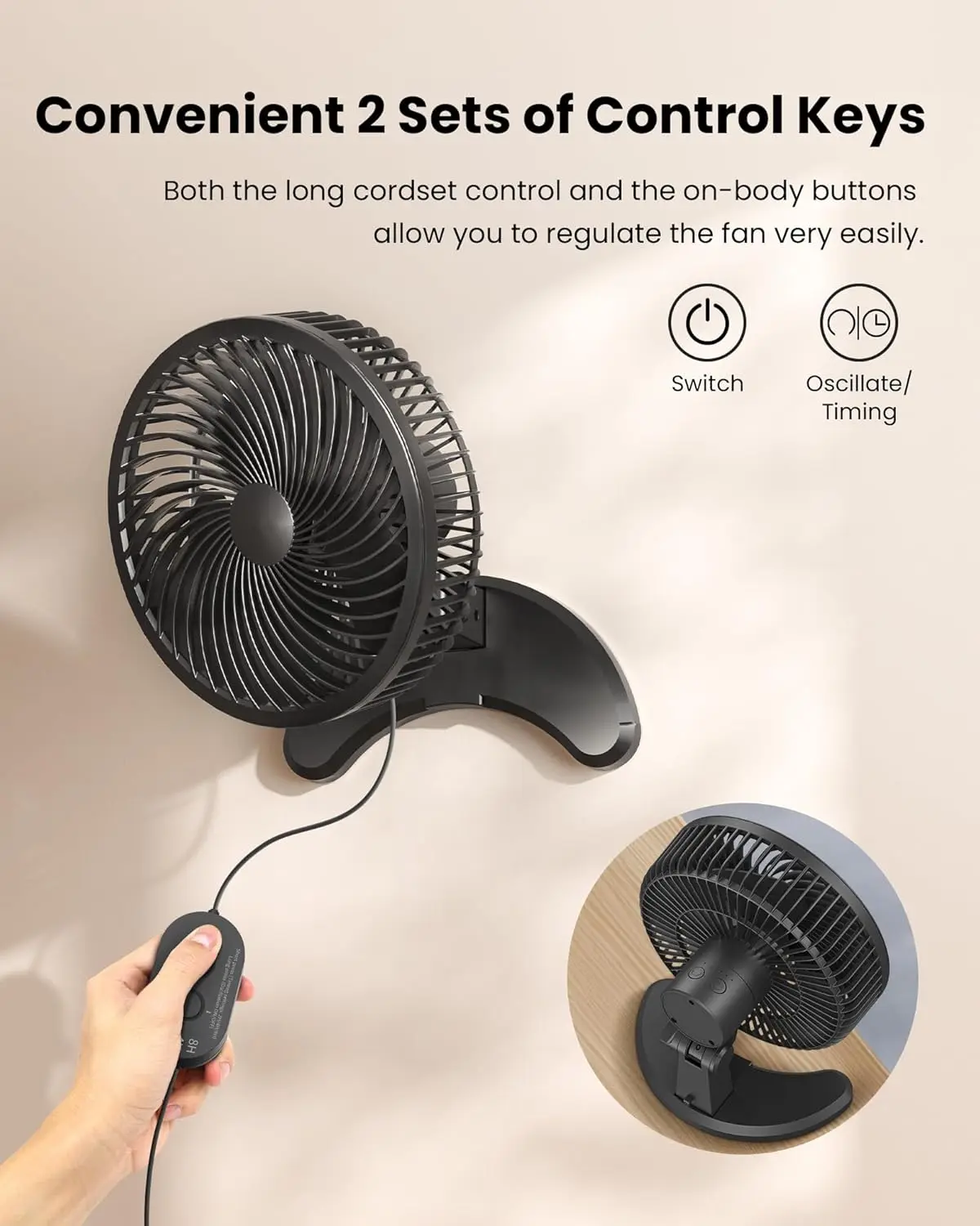 Koonie-ventilador de montaje en pared de 8 pulgadas, pequeño y silencioso, con temporizador, mando a distancia con cable de 8,2 pies, oscilación de 80 °, ajustable de 100 °, 3 velocidades de alta Veloc