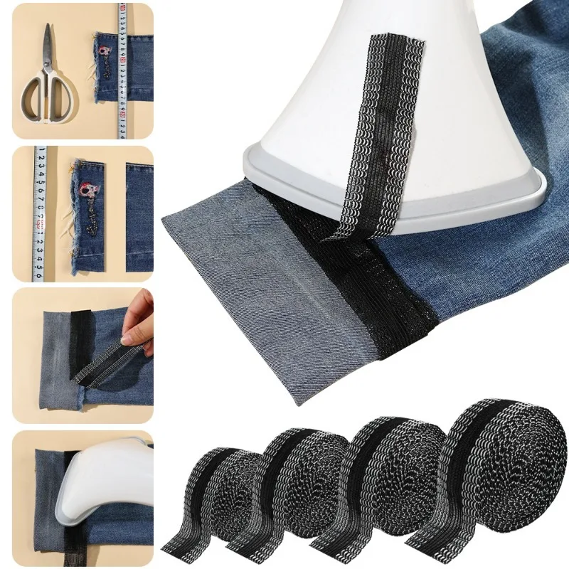 Pasta autoadhesiva para acortar bordes de pantalones, dobladillo para la boca, cinta para dobladillo termoadhesivo, pantalones vaqueros, costura, pantalones gratis, parche de tela, 1-5M