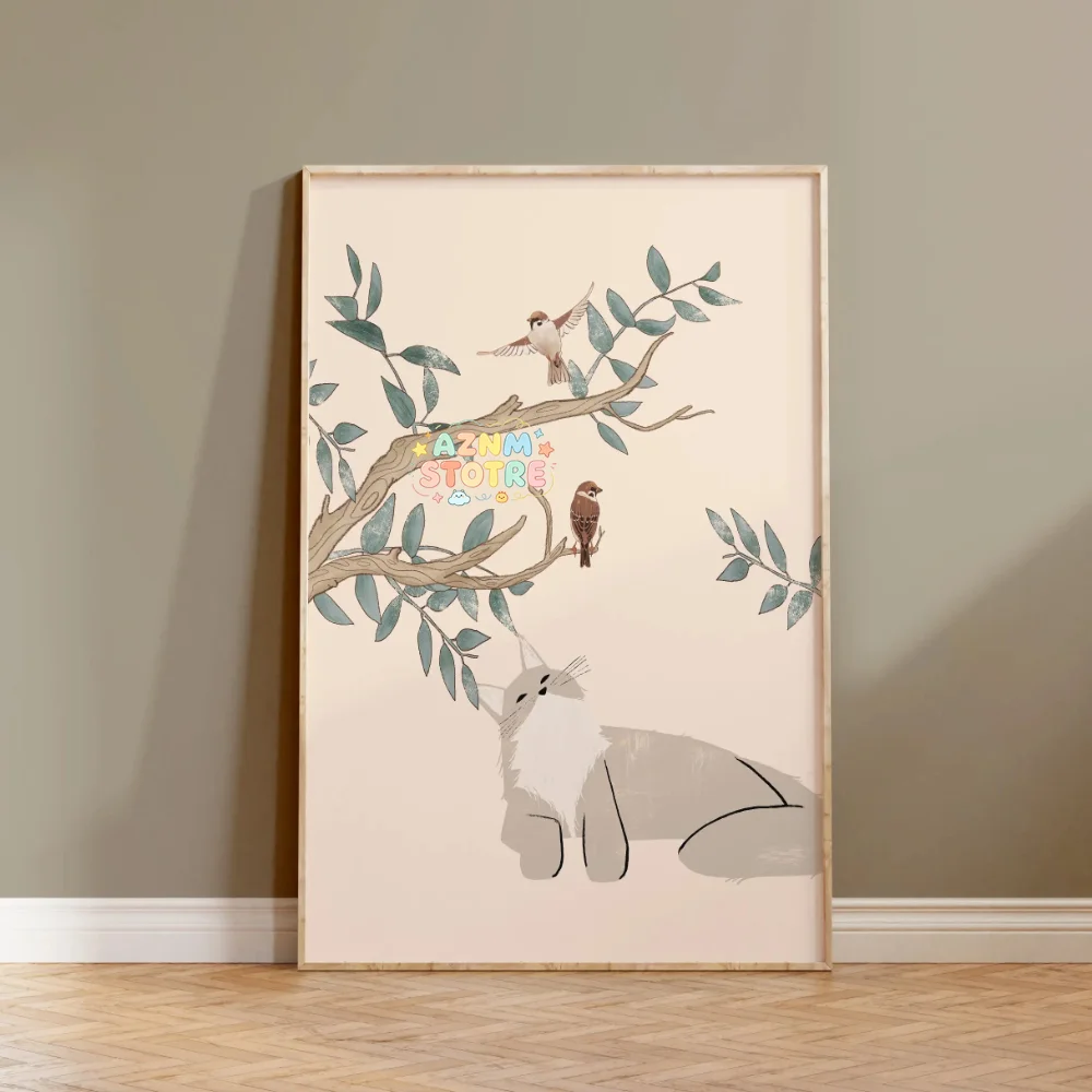 Watercolor Kittens Print Cat and Plant Poster Wall Art Leisurely Cute Kitty Canvas Painting Living Room Bedroom Home Decor