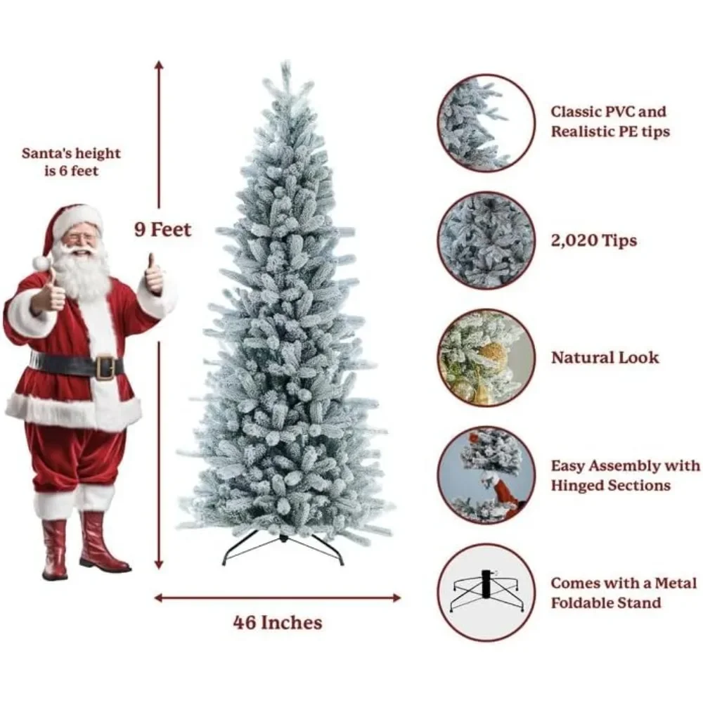 9ft Artificial Christmas Tree Unlit, Skinny Flocked Christmas Trees with Metal Stand, Hinged Thin Xmas Tree