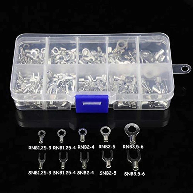 320Pcs 10 In 1 Terminals Non-Insulated Ring Fork U-Type Brass Terminals Assortment Kit Cable Wire Connector Crimp Spade