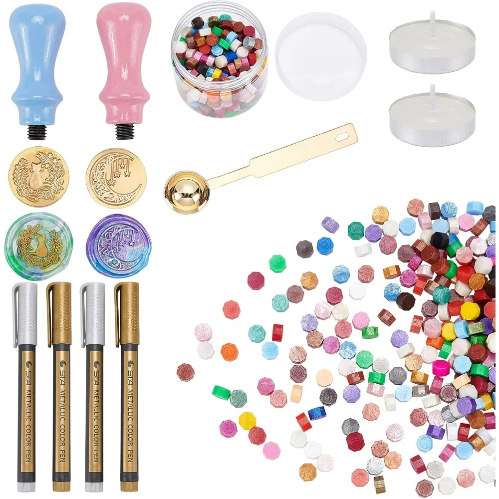 Sealing Wax Stamp Kit 2PCS Wax Seal Stamps and 300PCS Mixed Color Sealing Wax Beads with Melting Spoon and Candles(Cat and Moon)