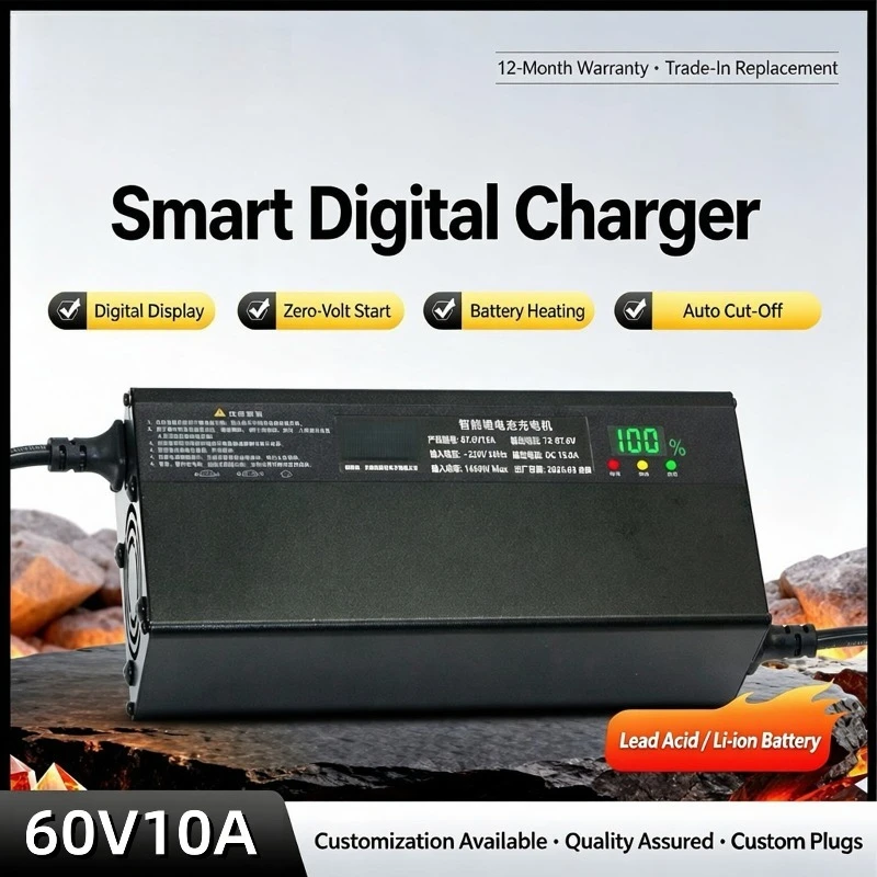 Cross-border intelligent digital display high-power aluminum shell 60V10A lithium battery charger 67.2V 71.4V 73V