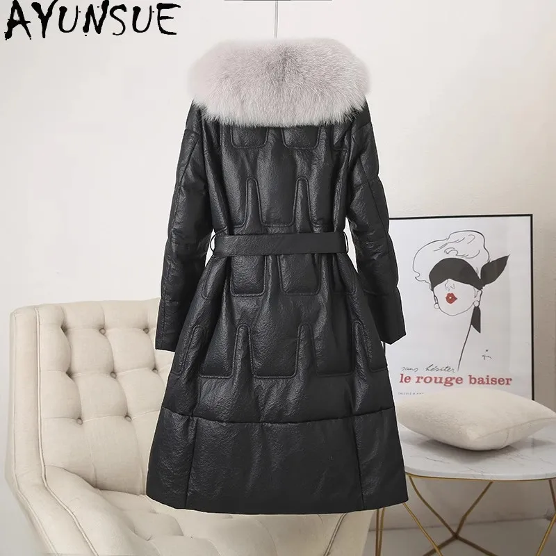 AYUNSUE Echte Schaffell Echtes Leder Jacke Frauen Winter Kleidung 2025, Weiße Gans Unten Mantel Frauen Mäntel Warme Fuchs Pelz Kragen