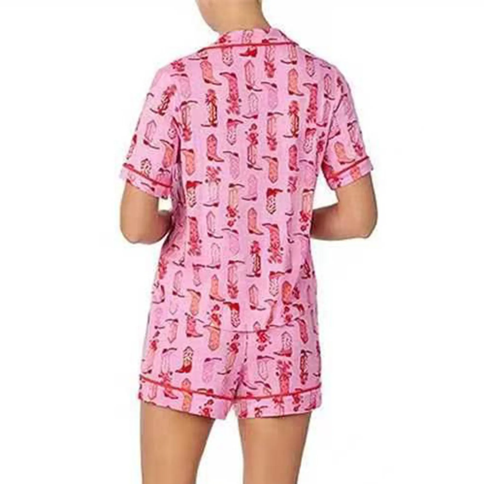 Womens Lounge Sets 2 Piece Pink Cowgirl Boots Silk Pajamas Short Sleeve Pjs Tops and Shorts Satin Pajama Pants Set