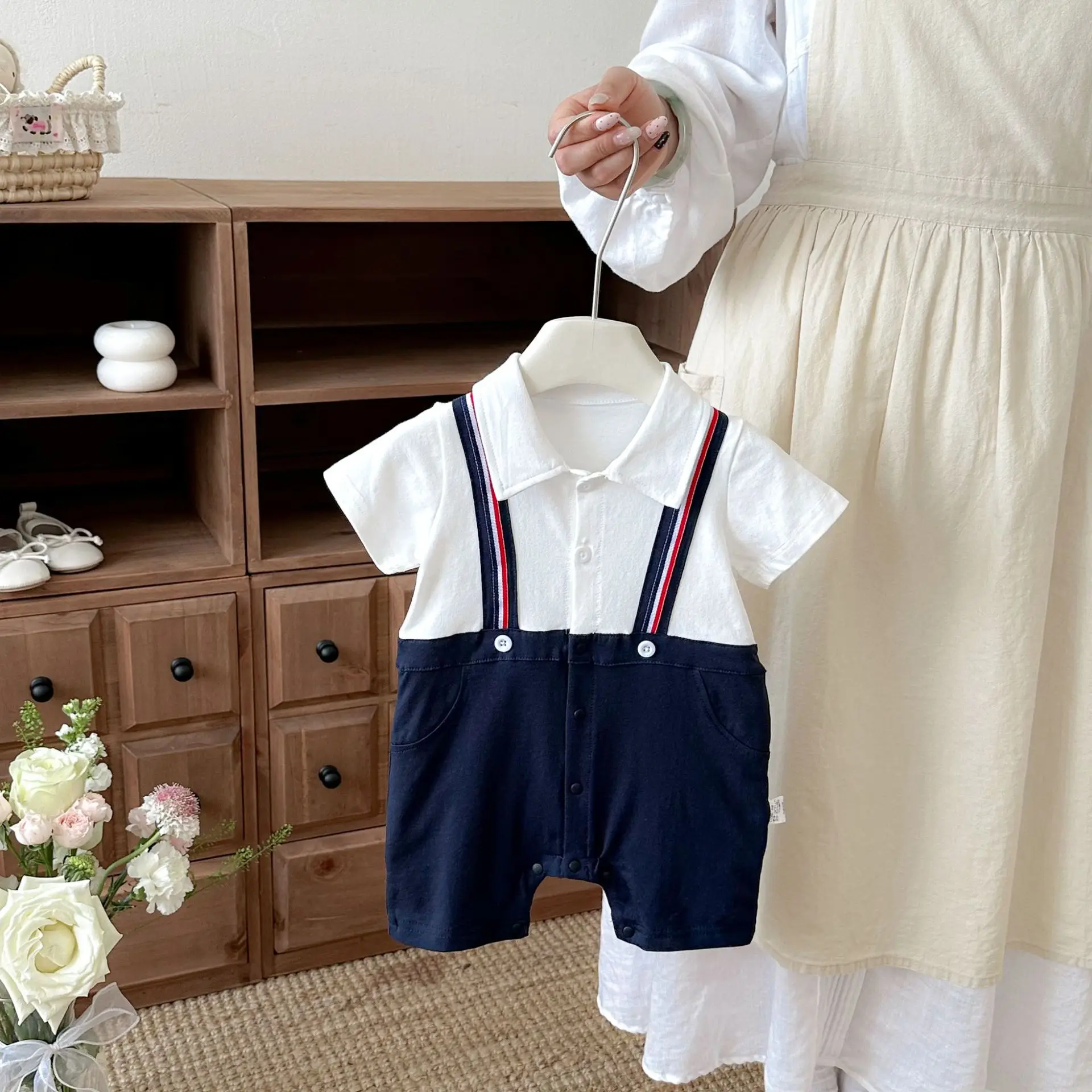 2026 Summer Boys Baby Gentleman Handsome Short Sleeve Crawler Clothes Summer Baby Splicing Jumpsuit Outerwear