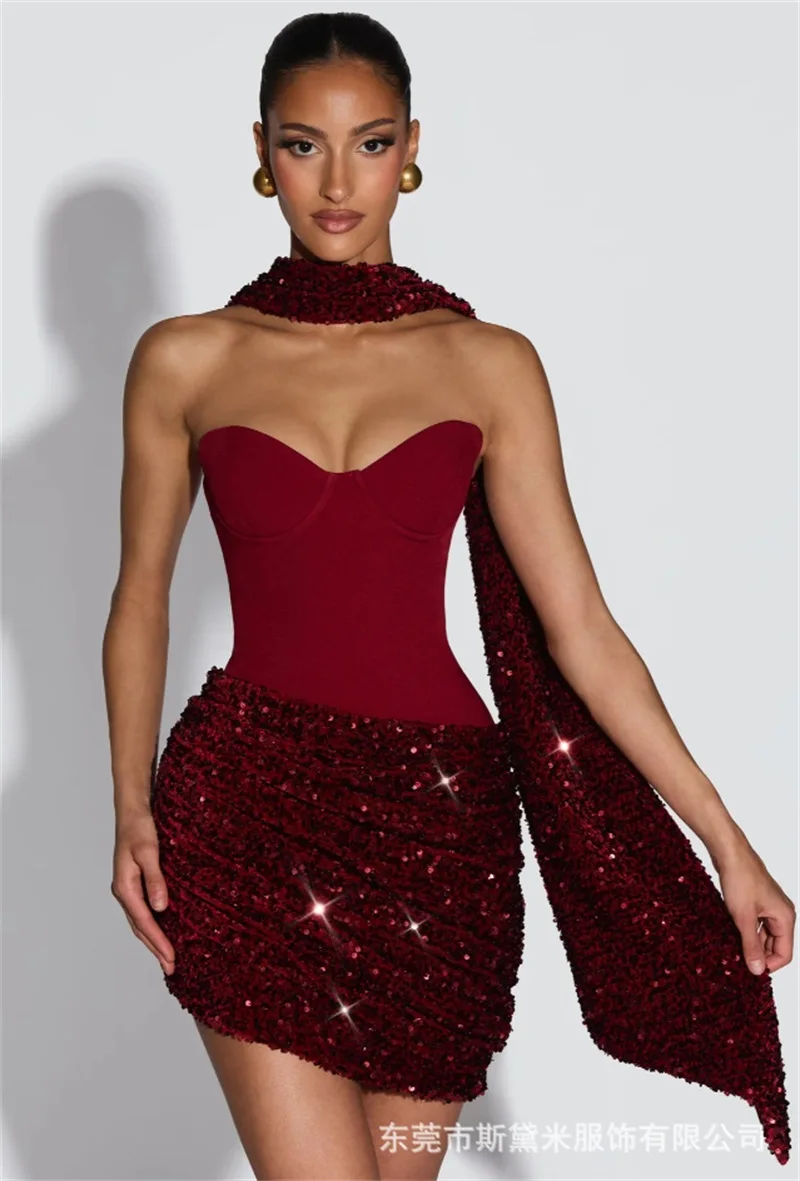 Glitzerndes Burgunder-Abschlussballkleid mit Schal, sexy, ärmellos, mit Schnürung am Rücken, kurzes Mini-formales Hochzeitsabend-Robe, Party-Brautkleid