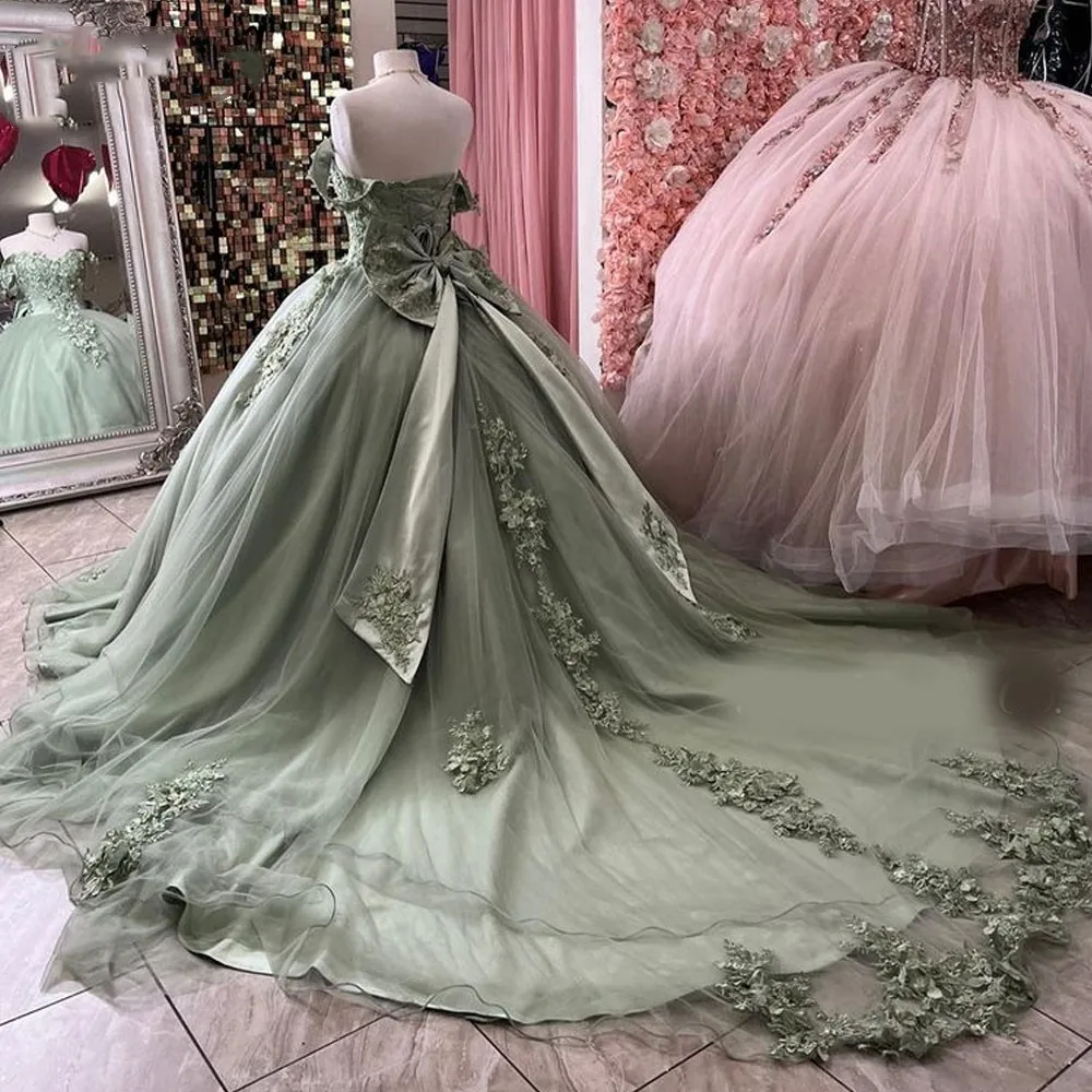 

ANGELSBRIDEP Sage Green Quinceanera Dresses Mexican Ball Gown Off The Shoulder Tulle Appliques Lace Sweet 16 Dresses 15 Anos NEW