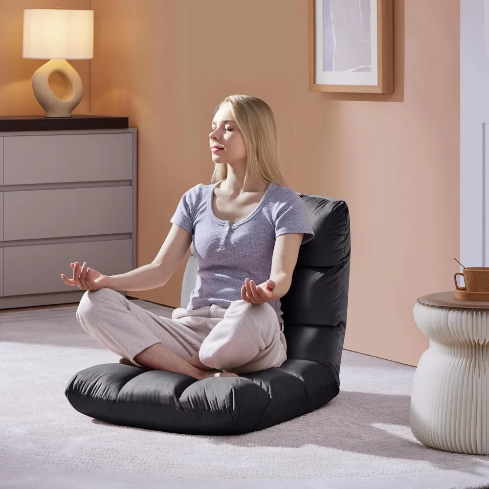 14-Position Folding Chairs with Back Support Gray, 2pcs for Yoga Meditation, Thick Foam, Iron Frame, Easy Storage