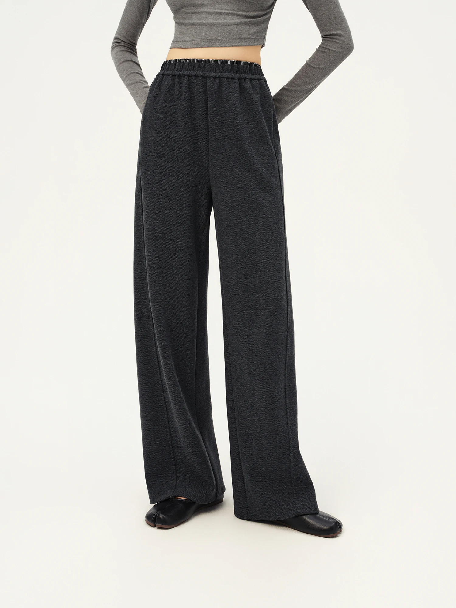 ZIQIAO Damen-Hose aus Wollmischgewebe mit geradem Bein, kariertem Bund, hoher Taille, lässige Hose, warm, für Büro, Pendeln und Streetwear – Detail 3
