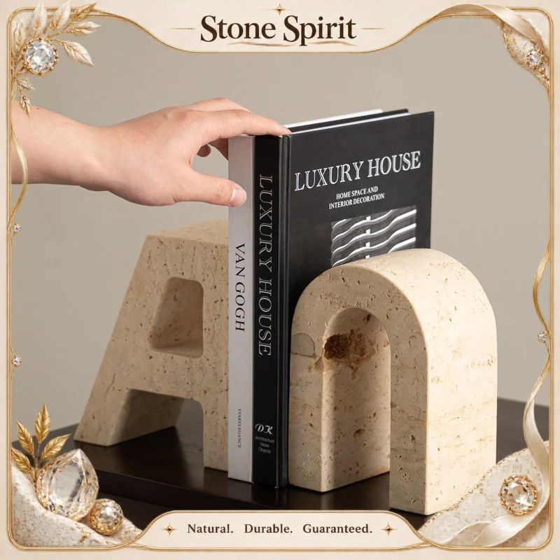 【Natural】Travertine Bookends for Shelves Heavy Duty Marble Book Holders with Alphabet A and U Design Home Decoration