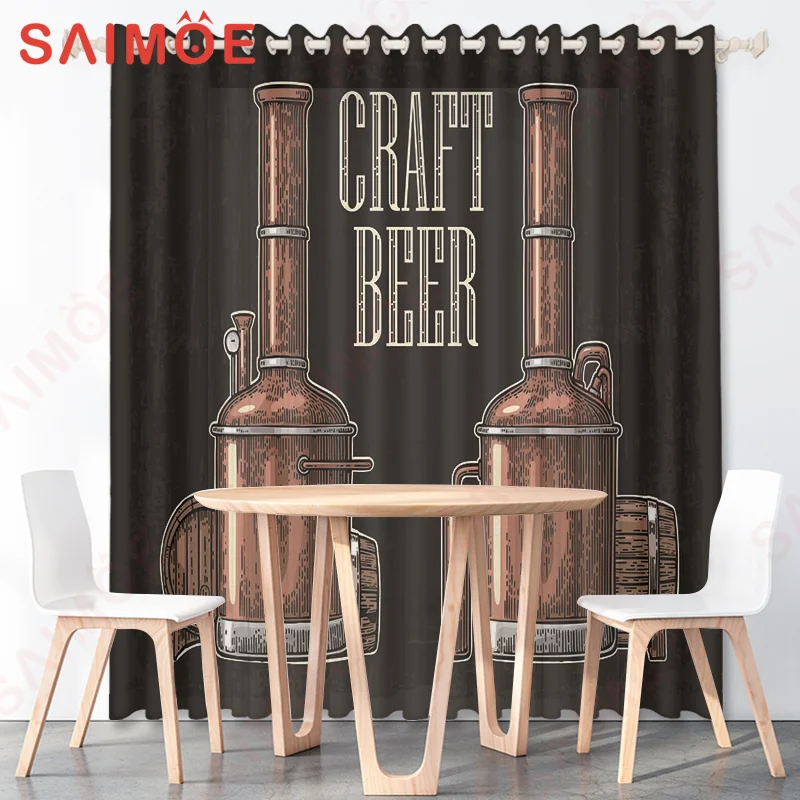 French Romantic Wine Curtains Wooden Barrel Wheat Beer Fruits Wine Glass Custom Thin Polyester Fabric Bar Decorations with Hooks