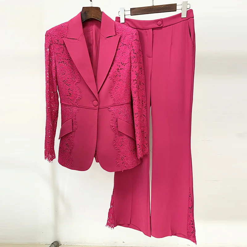 Popular Pink Women's Suit Set Casual Wedding Prom Party Birthday Lace Hollow Splice Slim Fit One Button Suit Speaker Pants