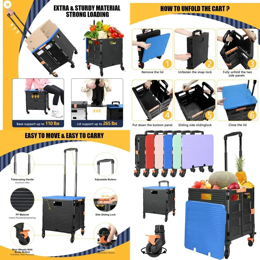 

Collapsible Utility Cart with 360° Silent Wheels, Telescoping Handle, Lid for Storage, Shopping, and Office Use (Blue)