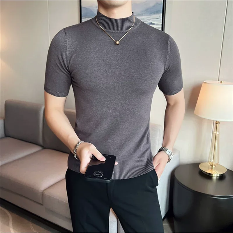 Autumn Men\'s Half Turtleneck  knitted T Shirts Korean version Slim Fit Solid Pullovers Elastic Casual Thin Sweater Men Clothing