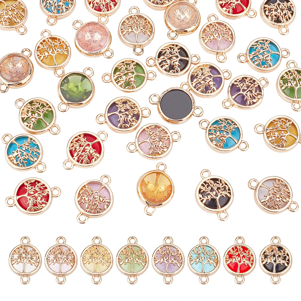 

1box 32pcs 8 colors Glass Links/Connectors with Light Alloy Findings Flat Round with Tree Mixed color 19.5x13.5x5.5mm