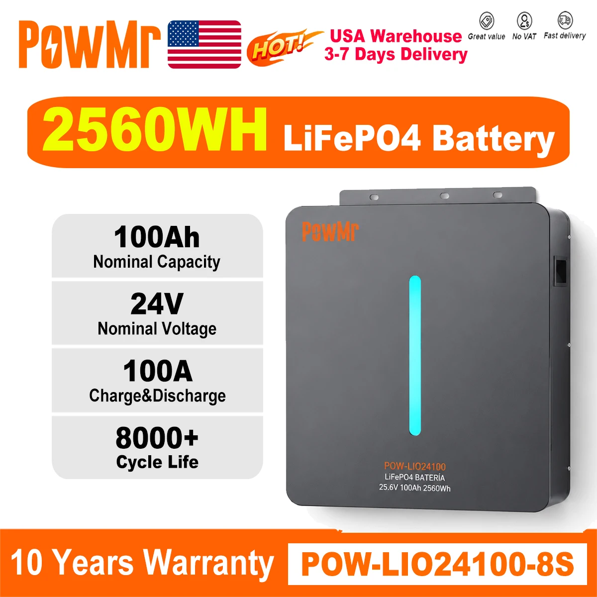 PowMr 25.6V 100Ah 2.56kWh LiFePO4 Lithium Iron Phosphate Battery Wall Mounted Energy Storage Battery Parallel 8 Units With BMS Bluetooth Monitor Support Parallel for Home RV Temporary Building Off‑Grid Power Supply