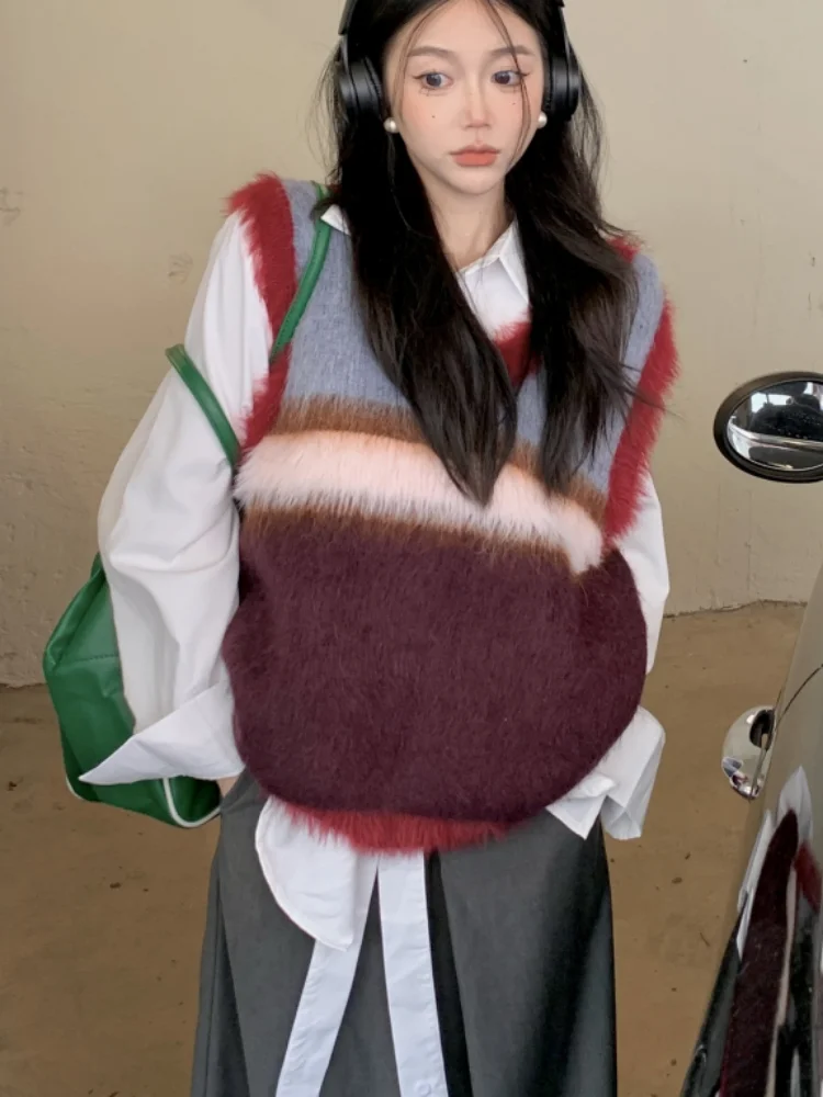 Sleeveless Sweater Vest Casual Vintage V-neck Pullovers Y2k Aesthetic Women Streetwear Korean Striped Knitwear Waistcoat