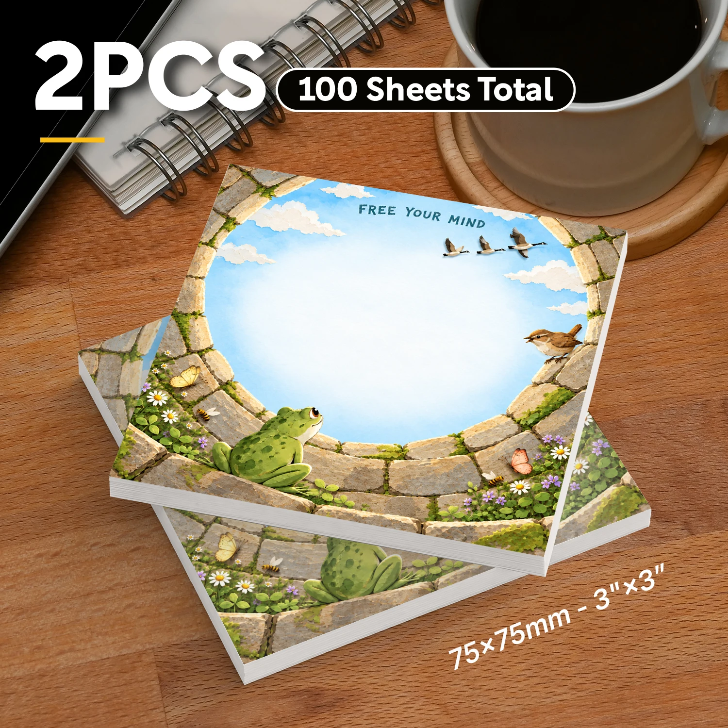 2PCS Free Your Mind Sticky Notes 100 Sheets Frog Stone Well Blue Sky Birds Nature Memo Pads for Office School Daily Reminders