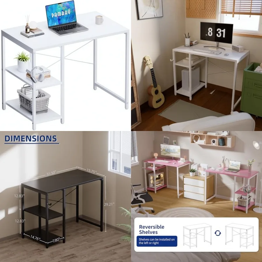 

32 Inch Small Computer Desk with Shelves, Home Office Desk with Headphone Hook for Bedroom, Study Writing PC Table for Small Sp